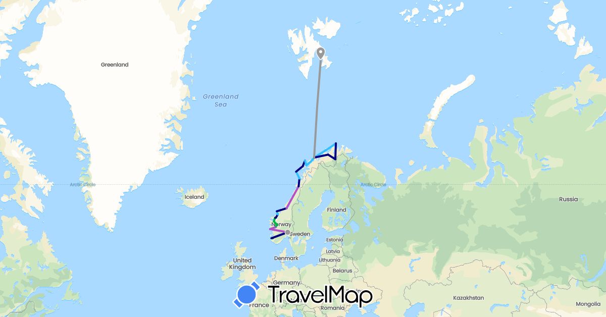 TravelMap itinerary: driving, bus, plane, train, boat in Norway, Svalbard and Jan Mayen (Europe)